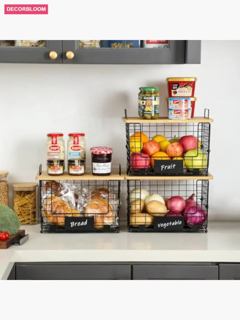 2 Pack Stackable Wire Basket with Bamboo Tops for Pantry Kitchen Organizer
